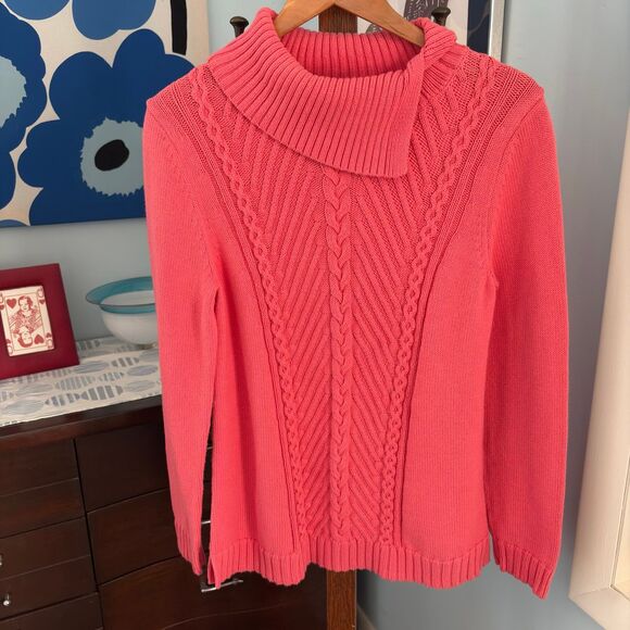 Talbots Coral Cable Knit Split Cowlneck Cotton Sweater Size M - Picture 3 of 8
